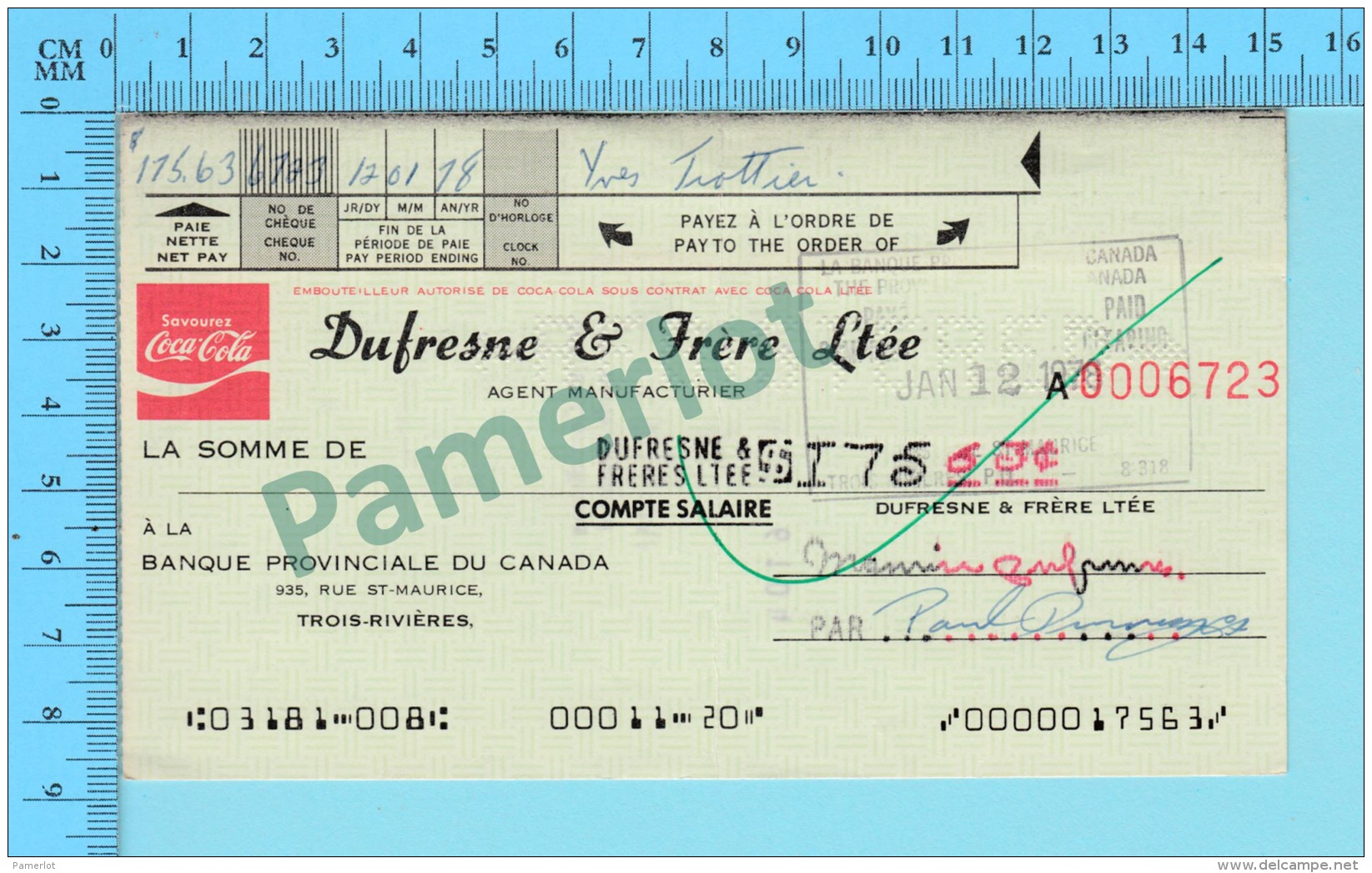 Trois-Rivieres Quebec Canada Canada - Coca-Cola - Dufresne & Frères Manufacturie Cheque De Paie $ 175.63 En 1978 2 Scans - Cheques & Traveler's Cheques