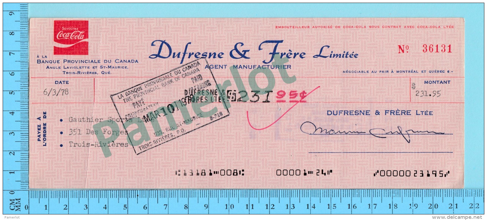 Trois-Rivieres Quebec Canada - Coca-Cola - Cheque Gauthier Sports T.R.   En 1978 2 Scans - Cheques & Traverler's Cheques