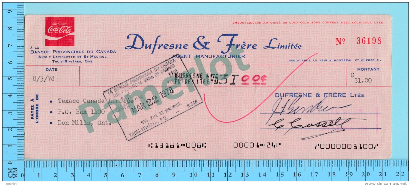 Trois-Rivieres Quebec Canada - Coca-Cola - Cheque P.A. Gouin Ltée  T.R.   En 1978 2 Scans - Cheques & Traveler's Cheques