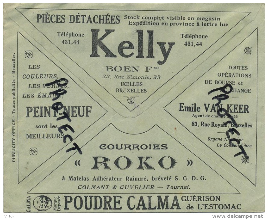 Old Envelope With Publicité 1926 : Ixelles : KELLY : Pièces Détachées: Courroies ROKO : Poudre CALMA ................ - Enveloppes