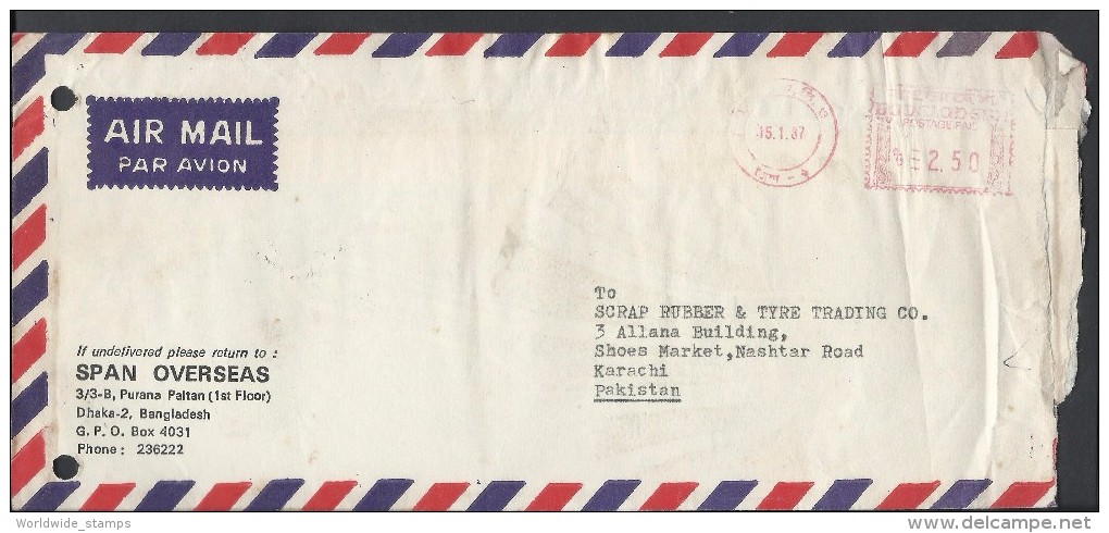 Bangladesh Airmail Franking Mark, Red Meter, Postage Paid Postal History Cover Sent To Pakistan - Bangladesch