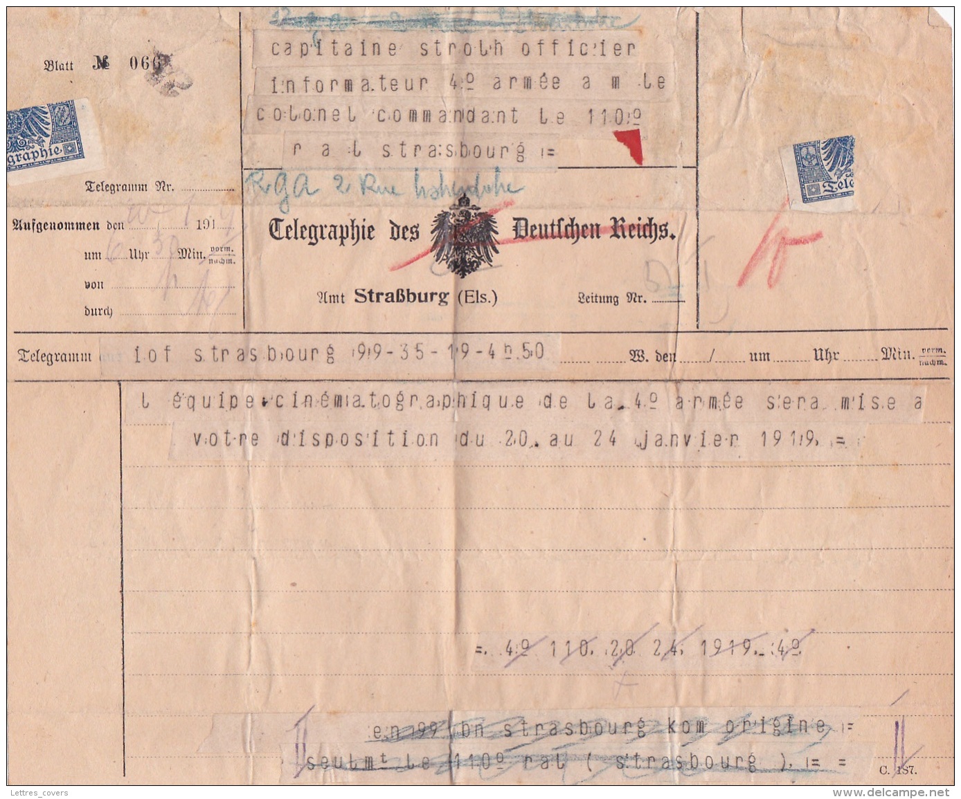 TELEGRAMME ALLEMAND Utilisé Par Les SOLDATS FRANÇAIS - EQUIPE CINEMA 4ème ARMÉE - 20/1/19 Strasbourg - Guerre 14 WW1 - Documents Historiques