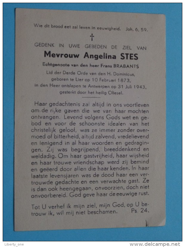 DP Angelina STES ( Frans Brabants ) Lier 10 Feb 1873 - Antwerpen 31 Juli 1943 ( Zie Foto's ) ! - Avvisi Di Necrologio