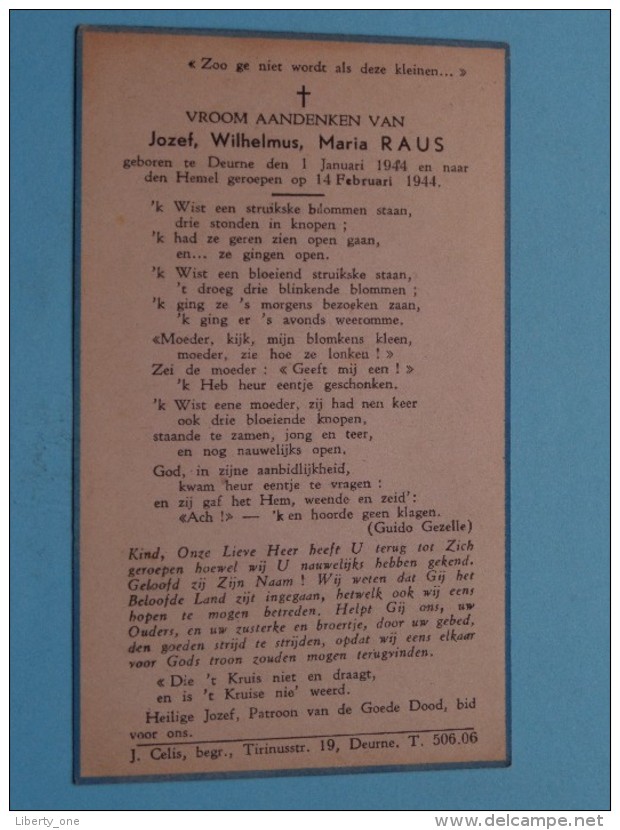 DP Jozef, Wilhelmus, Maria RAUS () Deurne 1 Jan 1944 - 14 Februari 1944 ( Zie Foto's ) ! - Obituary Notices