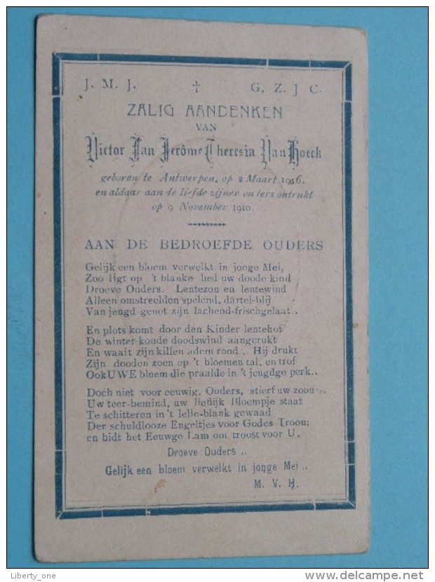 DP Victor Jan Jerôme Theresia Van HOECK () Antwerpen 2 Maart 1910 - 9 November 1910 ( FOUTE DRUK ? Zie Foto's ) ! - Avvisi Di Necrologio
