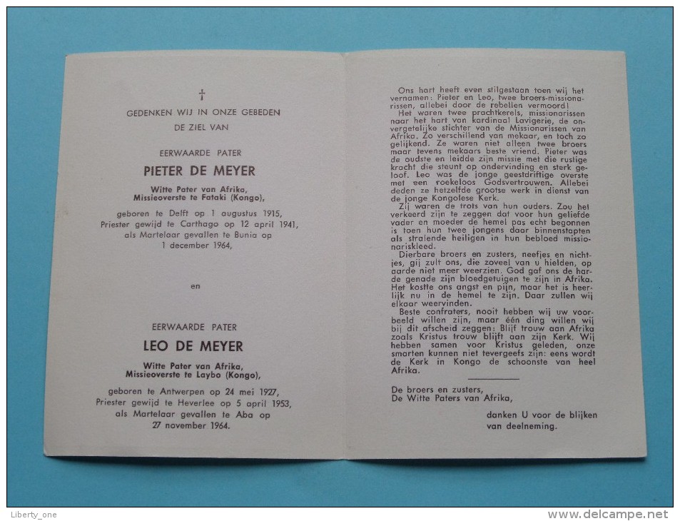 DP E. Paters Pieter De MEYER Delft 1 Aug 1915 En Leo De MEYER Antwerpen 24 Mei 1927 / 1964 Zie Onder ( Zie Foto's ) ! - Obituary Notices