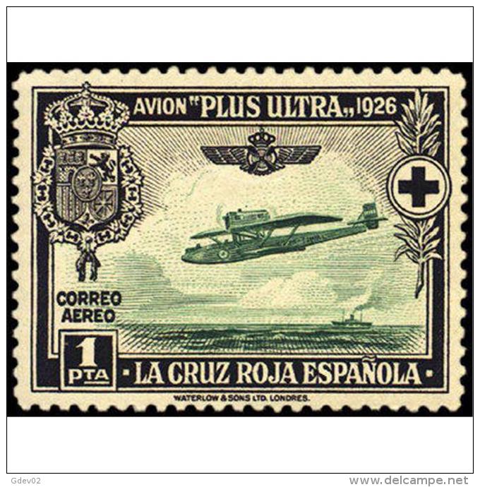 ES347STV-LFT***347S.CRUZ ROJA.AEREO.ESCUDO DE ESPAÑA.AVION PLUS ULTRA (Ed 347**) Sin Charnela MAGNIFICO - Nuevos