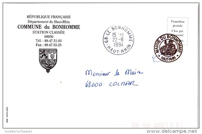 REL-L23 - FRANCE Lettre En Franchise Postale De La Mairie Du BONHOMME Blason Thème Religion - Frankobriefe