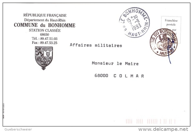 REL-L24 - FRANCE Lettre En Franchise Postale De La Mairie Du BONHOMME Blason Thème Religion - Frankobriefe