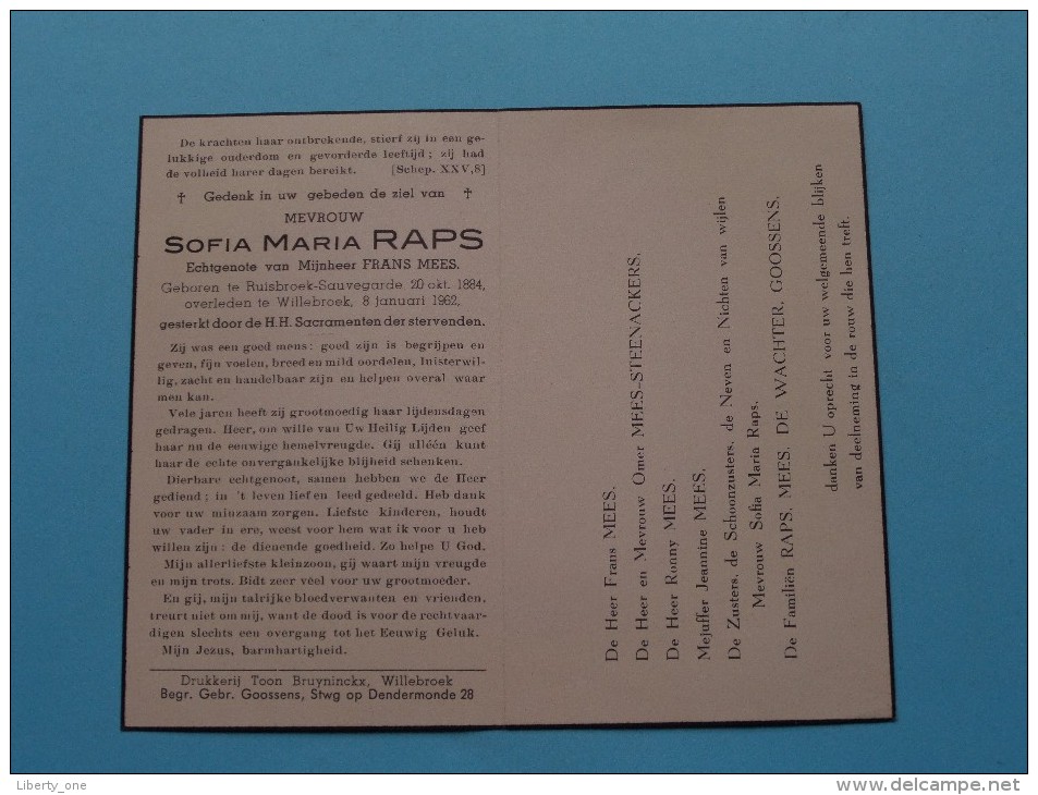 DP Sofia Maria RAPS ( Frans Mees ) Ruisbroek-Sauvegarde 20 Okt 1884 - Willebroek 8 Jan 1962 ( Zie Foto's ) ! - Avvisi Di Necrologio