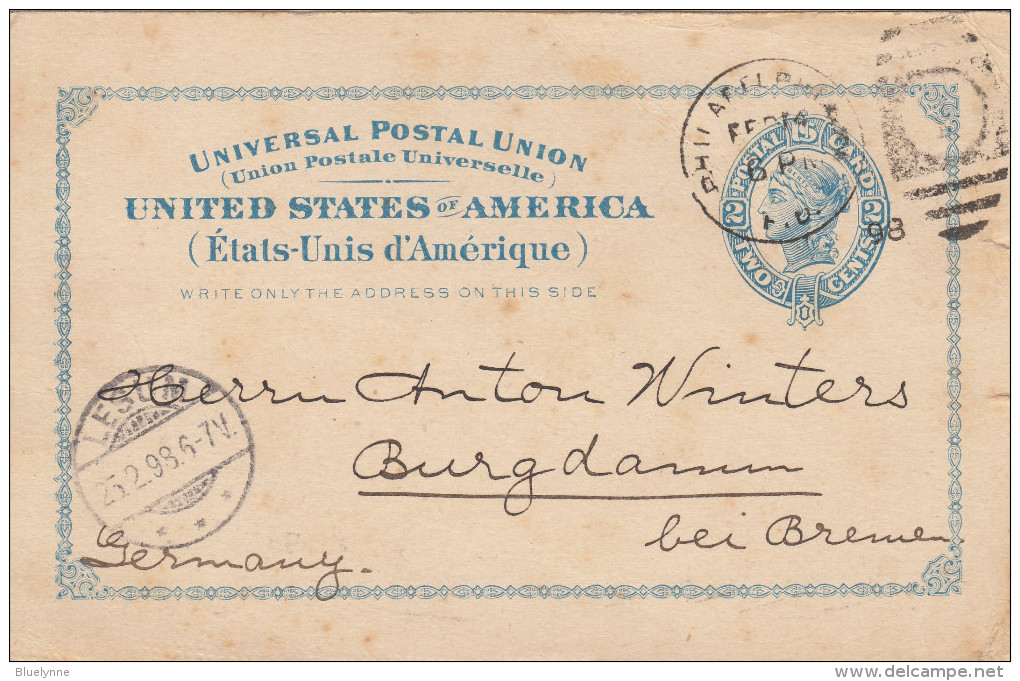 USA 2c GA Postal Card Philadelphia - Bremen 1898 - "Philadelphia, Feb 14" 1 Kreis+ Balken-Ring-Stempel Gestempelt - Cartas & Documentos