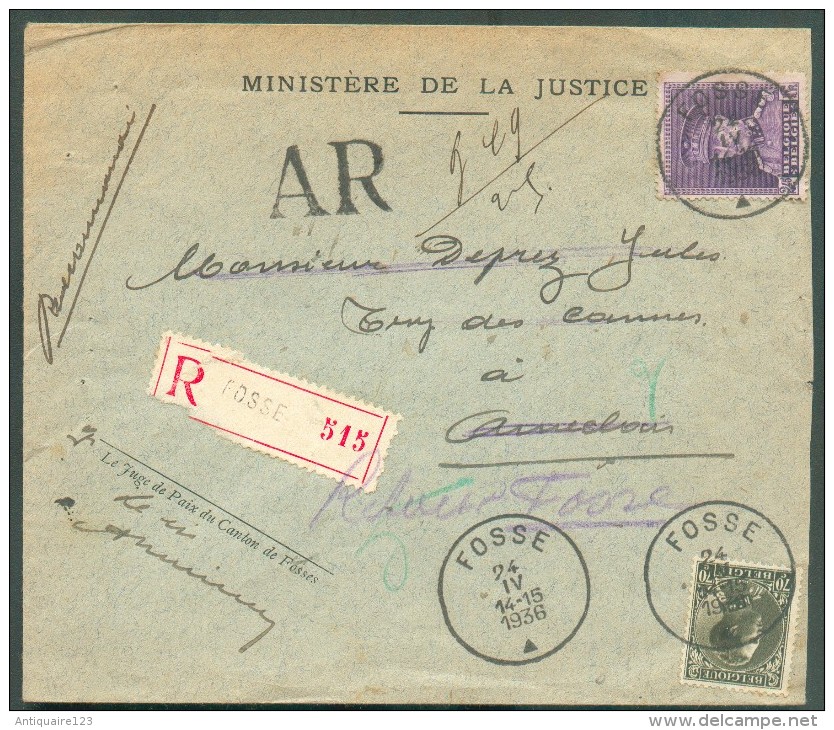 N°322-401 Obl. Sc FOSSE Sur Lettre Recommandé + AR Du 24-IV-1936 Vers Auvelais (biffé) Et Retour à Fosses - Verso : étiq - 1931-1934 Kepi