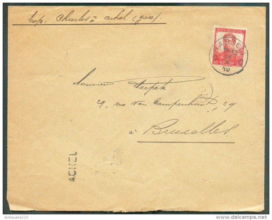 10 Centimes Pellens Obl. Sc HASSELT Sur Enveloppe Du 18-X-1912 + Griffe ACHEL Vers Bruxelles - 11402 - Sello Lineal