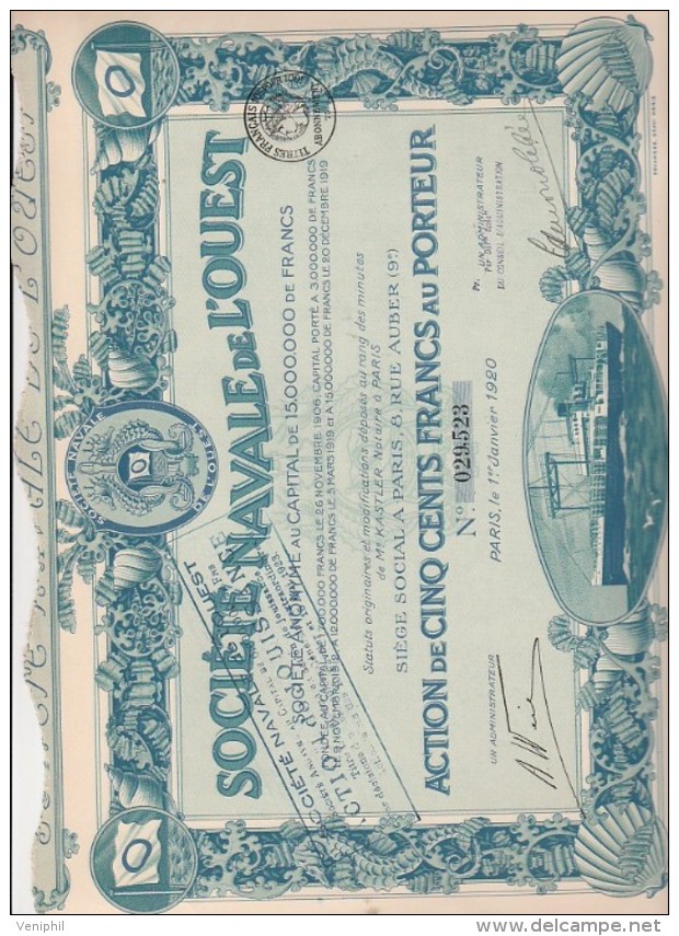 - ACTION ILLUSTREE DE CINQ CENT FRANCS -  SOCIETE NOUVELLE NAVALE DE L´OUEST ANNEE 1920 - Navigation