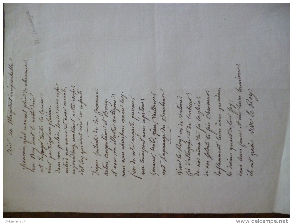 Manuscrit Originale Chanson Politique Royaliste Royauté Par M.Lassagne Le Magistrat Irréprochable Papier 19ème Non Sign - Manuscripten