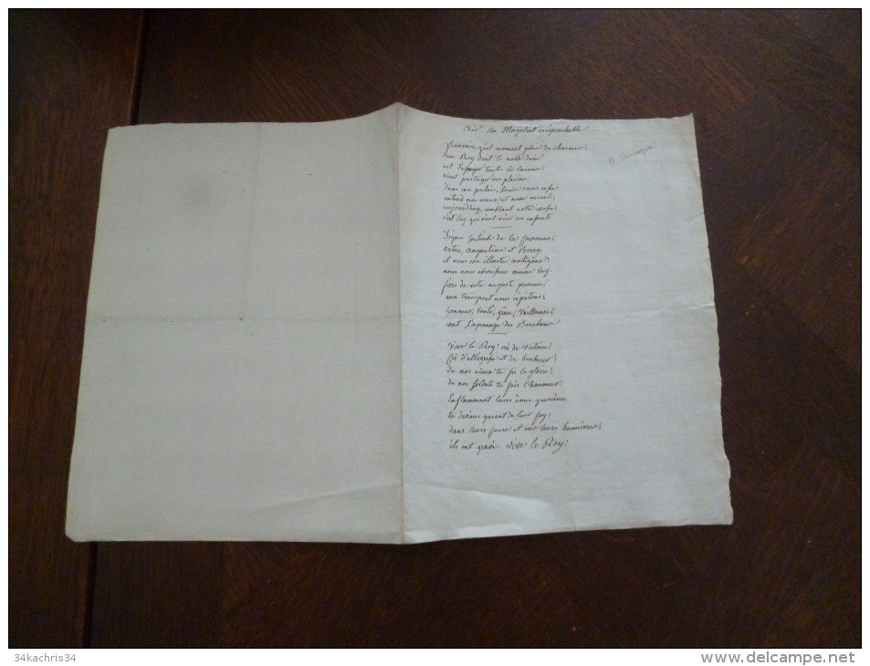 Manuscrit Originale Chanson Politique Royaliste Royauté Par M.Lassagne Le Magistrat Irréprochable Papier 19ème Non Sign - Manuskripte