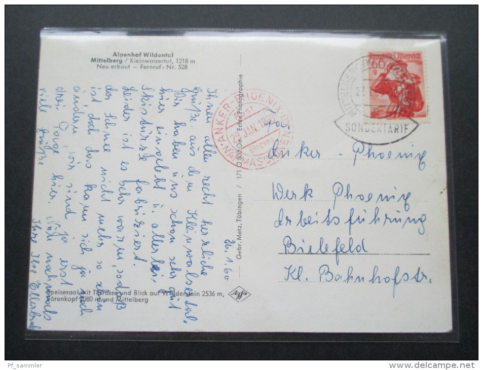 60 Gr. Trachten, Karte (Sondertarif) Kleinwalsertal - Bielefeld 1960 Roter Eingangstempel Anker - Phoenix Nähmaschinen - Brieven En Documenten