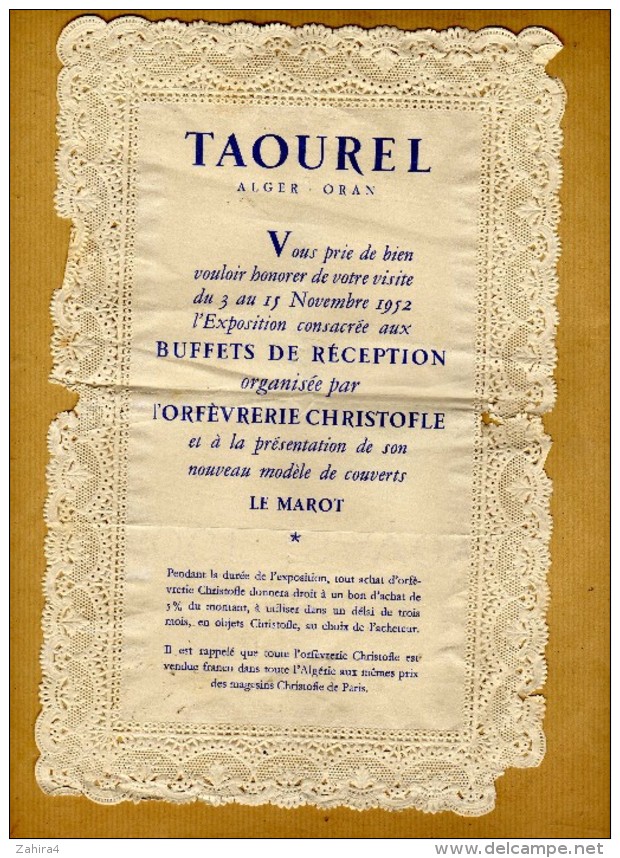 Invitation Dentelle-Algérie-Taouel  Alger Oran-Buffets De Réception Organisée Par L´orfèvrerie Christofle- Le Marot - Autres & Non Classés