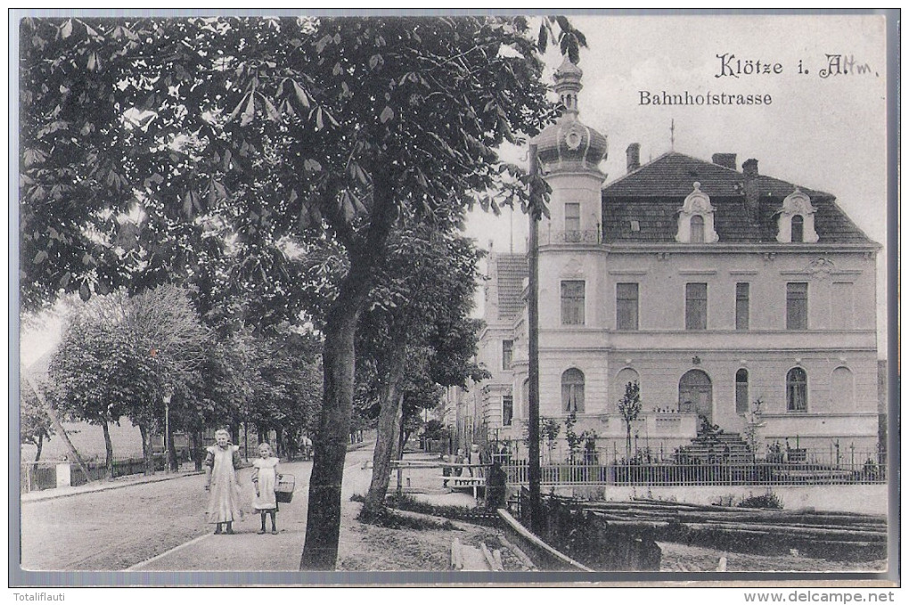 KLÖTZE Altmark Bahnhofstraße Mutter Tochter Einkauf 3 Jungs Pferde Wagen 2.5.1910 Gelaufen - Kloetze