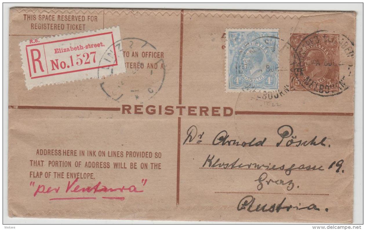 Aus332 /  Australien -  Einschreiben, Ganzsache Mit Zusatzfrankatur 1922 Via London Nach Graz, Österreich - Covers & Documents