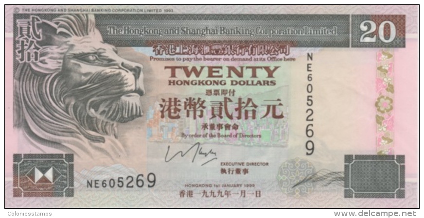 (B0131) HONG KONG, 1999. 20 Dollars. P-201d. AUNC (AU) - / XF+ - Hongkong