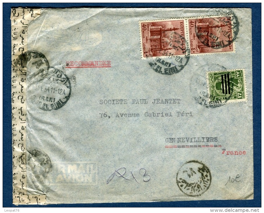 Egypte - Enveloppe Commerciale En Recommandée Du Caire Pour La France En 1954 Avec Contrôle Postal   2 Scans - Réf. S 14 - Covers & Documents