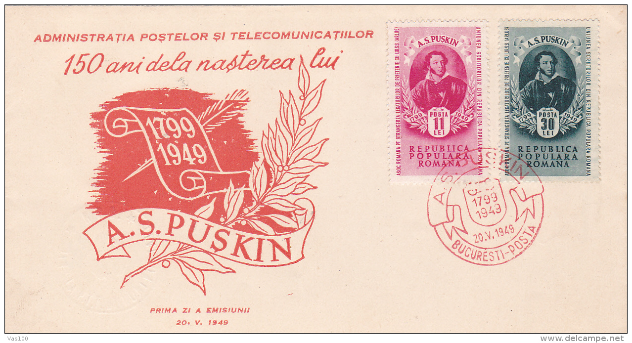 # BV 2577 PUSKIN ANNIVERSARY, COVER F.D.C . 1949, ROMANIA - FDC
