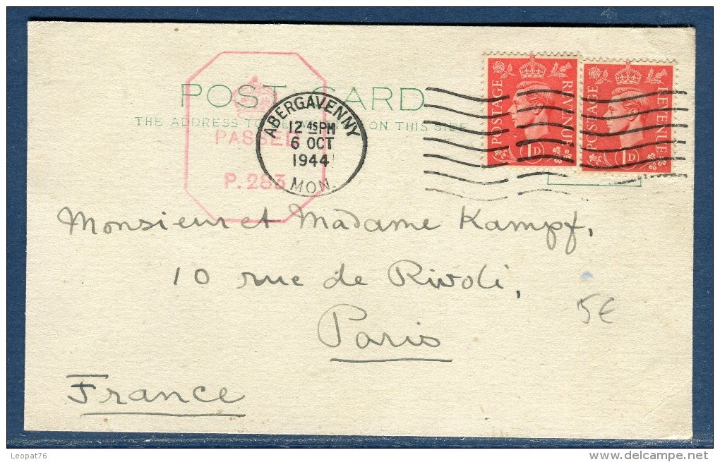 Grande - Bretagne - Oblitération De Abergavenny Sur Carte  Pour Paris En 1944 , Contrôle Postal   2 Scans - Réf. S 23 - Briefe U. Dokumente