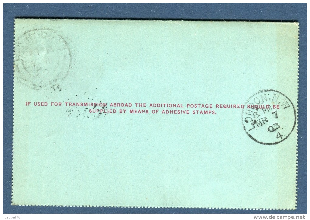 Grande - Bretagne - Entier Postal ( Carte Lettre ) De Londres En 1903 - Réf. S 36 - Stamped Stationery, Airletters & Aerogrammes