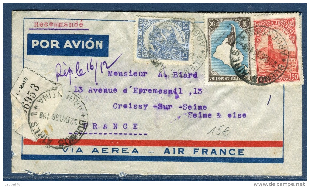 Argentine - Enveloppe En Recommandée De Buenos Aires Pour La France En 1939 - Réf. S 37 - Lettres & Documents