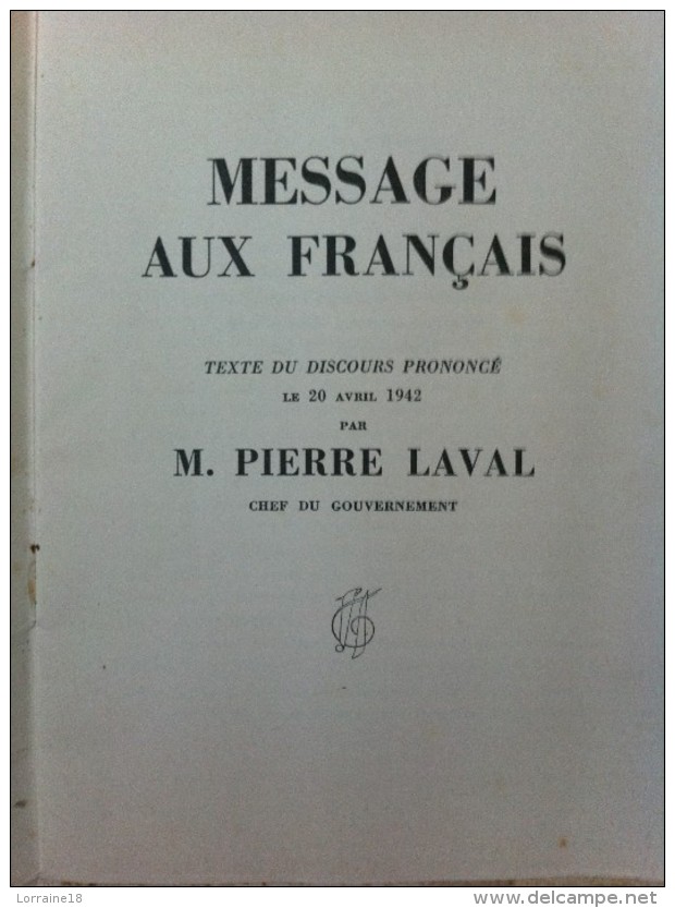 Livret Discours  De Pierre Laval  Le 20 Avril 1942 - 1939-45