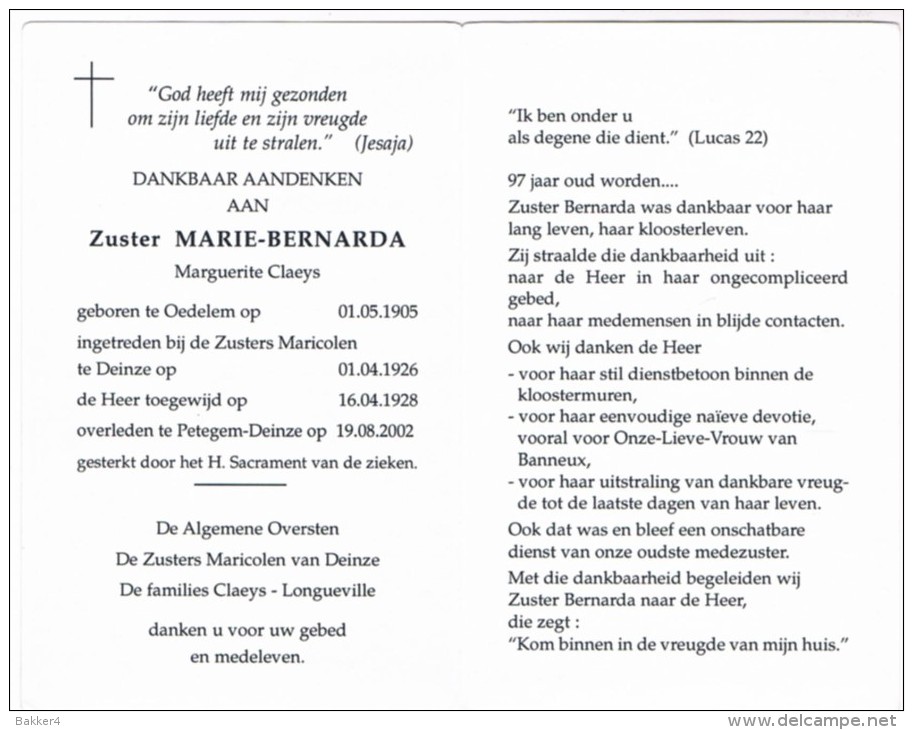Dp. Zuster Marie-Bernarda. Claeys Marguerite. ° Oedelem 1905 &dagger;  Petegem-Deinze 2002 - Religion & Esotérisme