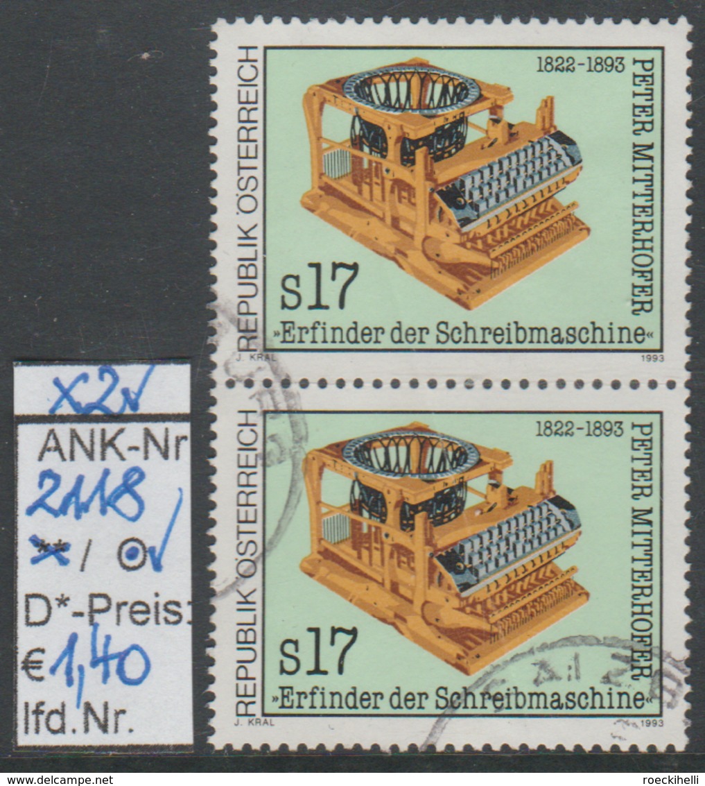 19.2.1993  -  SM  "100. Todestag V. Peter Mitterhofer"   -   2x O Gestempelt  -  Siehe Scan  (2118o X2) - Used Stamps