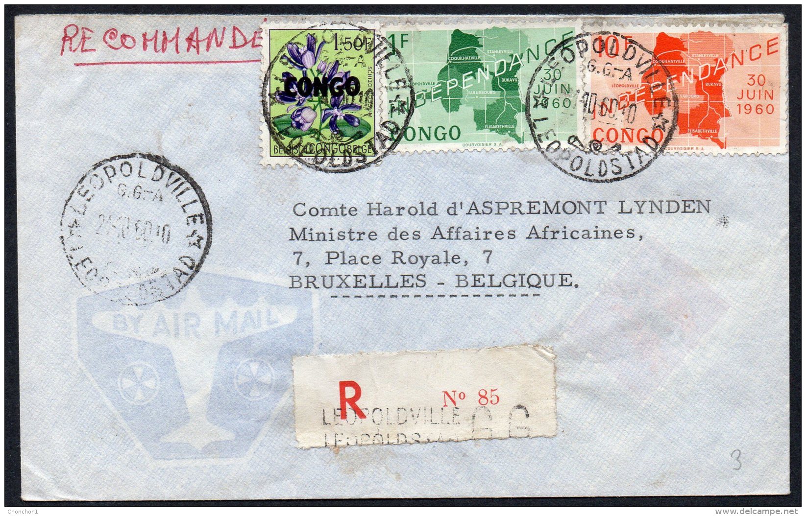 Congo - Lettre Independance Fleurs - Recommandé Avion - Leopoldville GGA Vers Belgique Bruxelles - 1960 - BB - Andere & Zonder Classificatie