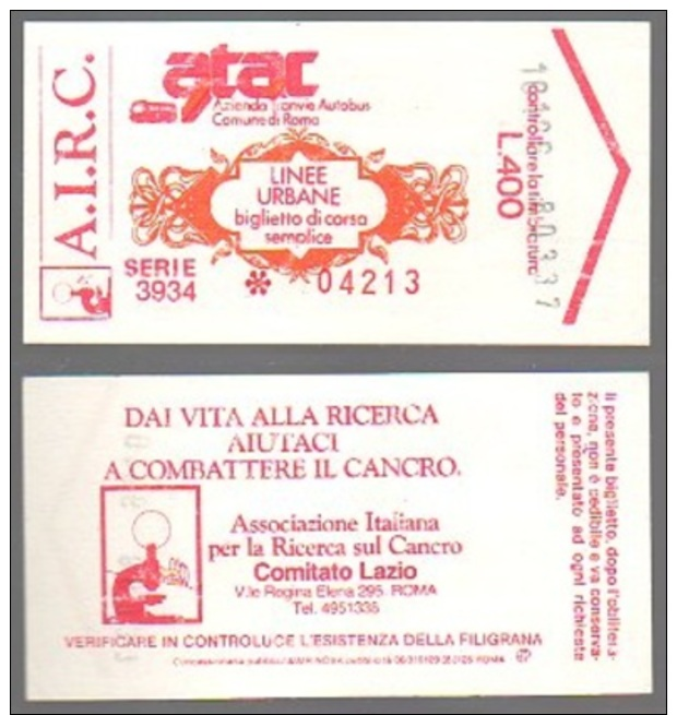 Metro Ticket ROMA ATAC 1980, 400&pound; - Num 6 - AIRC - Italy - Europa