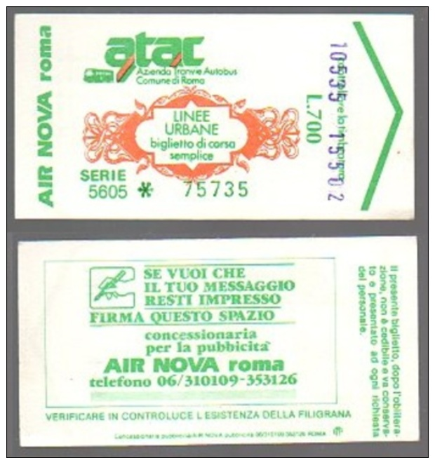 Metro Ticket ROMA ATAC 1980, 700&pound;, Num 4 - Air Nova - Italy - Europa