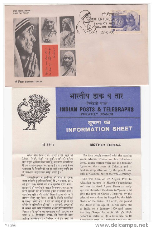 FDC + Information On Mother Teresa, Famous Person, Nobel Prize, Christianity Cross,  India 1980 - Mère Teresa