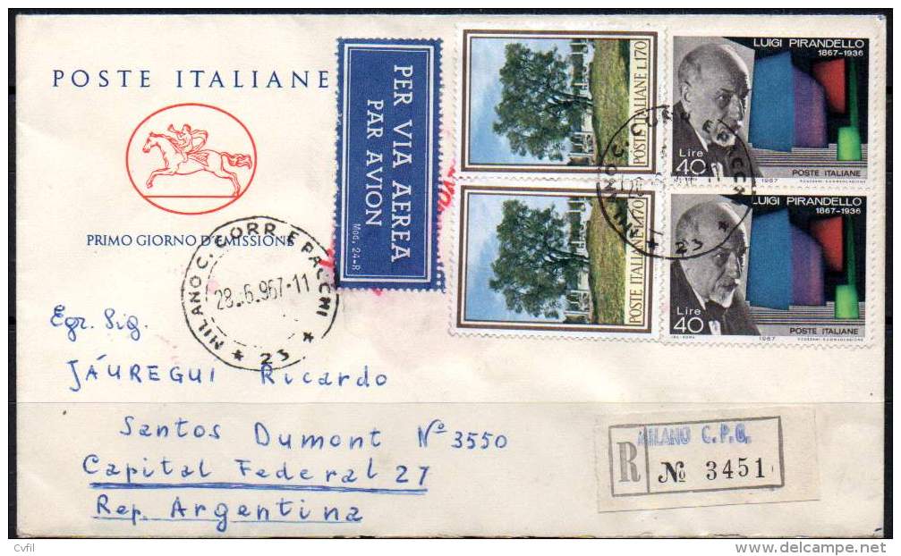 ITALY / ITALIA 1967 - Registered Air First Day Cover Of Luigi Pirandello From Milano To Buenos Aires, Argentina - 1961-70: Storia Postale