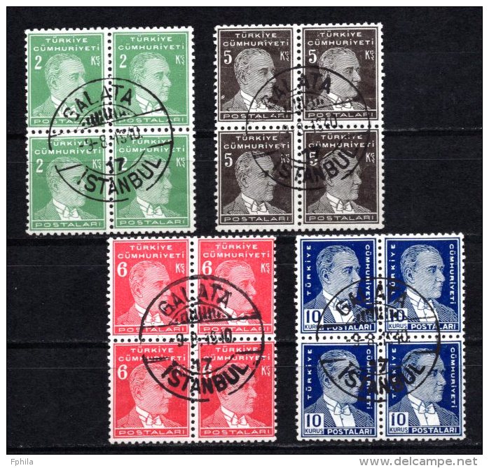 1940 TURKEY THE FOURTH ATATURK ISSUE BLOCK OF 4 MNH ** GALATA CTO - Neufs