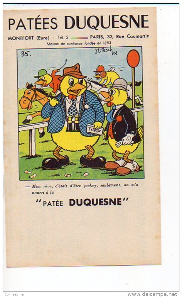 Publicité / Aliments Pour Animaux / N° 35  Patées "DUQUESNE " Montfort 27 / Dessin De Jean Louis Pesch - Advertising