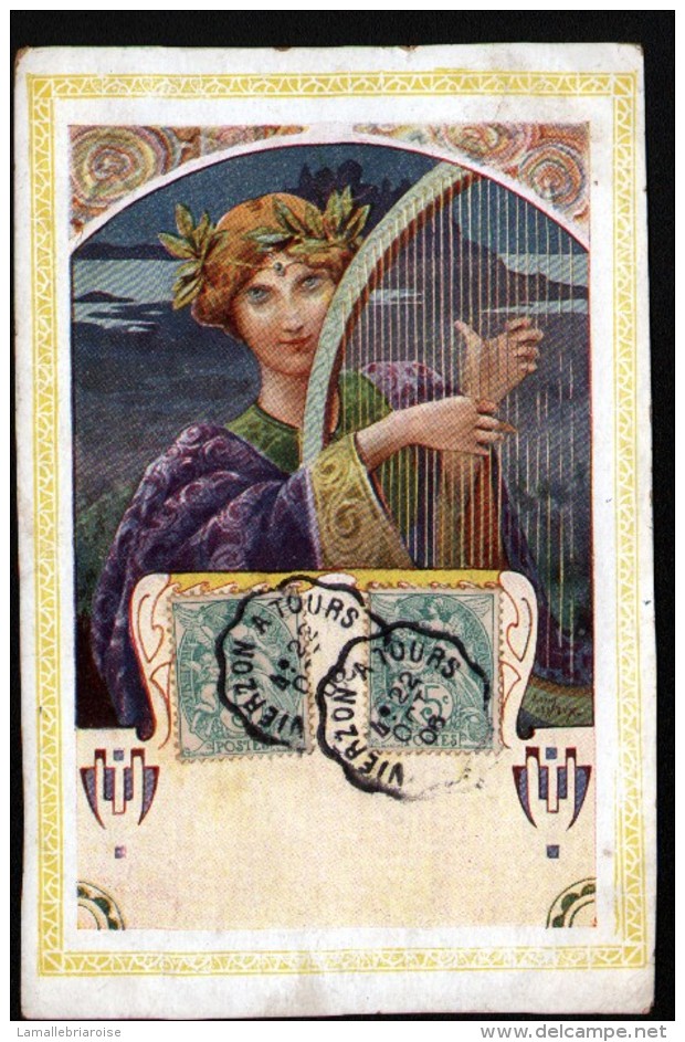 ILLUSTRATEUR ART NOUVEAU, LOUIS LESSIEUX, FEMME A LA HARPE - Lessieux