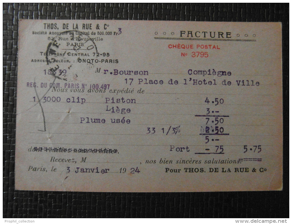 REPIQUAGE THOS DE LA RUE (Paris Rue Hauteville) Sur CP Facture De 1924 Au Type Semeuse 10c Rouge + Complement 10c Vert - Bijgewerkte Postkaarten  (voor 1995)