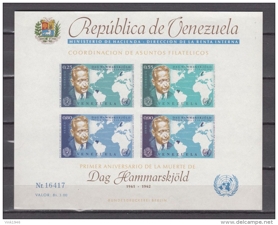 Venezuela 1963,4V In Block,Dag Hammerskjöld,nobel Prize,nobelprijs,nobelpreisträger,prix Nobel,MNH/Postfris(L2494) - Dag Hammarskjöld