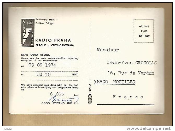 Jolie CP Carte QSL Radio Praha Prague Pont Bridge Zdakov - 9-06-1974 Pour J-Y Crocolas Houilles - Radio