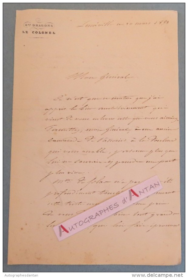 L.A.S 1853 Colonel ROBINET DE PLAS > Général RENAULT Régiment 6è DRAGONS Lunéville Lettre Autographe Boensch Noblesse - Politisch Und Militärisch
