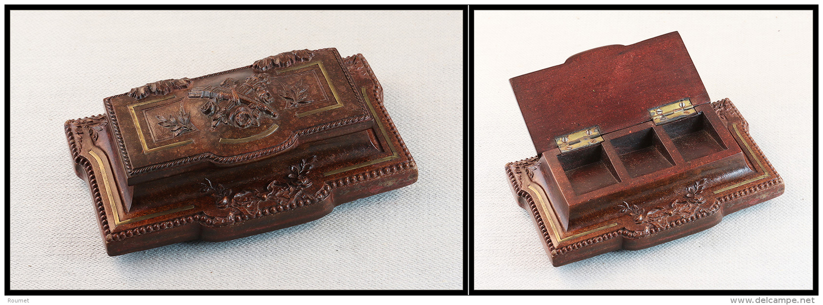 Boîte Napoléon III En Bois Durci, Couleur "sang De B&oelig;uf", 3 Comp., 150x95x35mm. - TB - Stamp Boxes