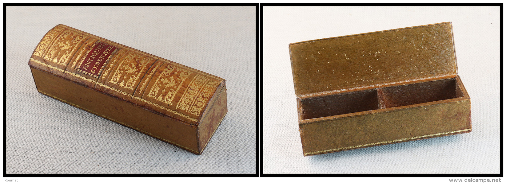 Boîte En Cuir En Forme De Tranche De Livre, 2 Comp., 145x40x40mm. - TB - Stamp Boxes