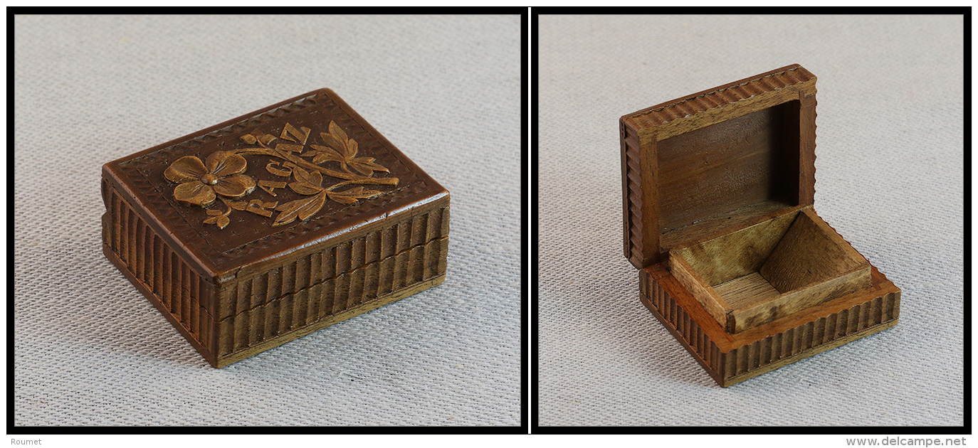 Boîte Bois Verni Avec "Trèfle" En Relief Et Marquée "Ragaz" Sur Couvercle, 1 Comp., 53x43x22mm. - TB - Stamp Boxes