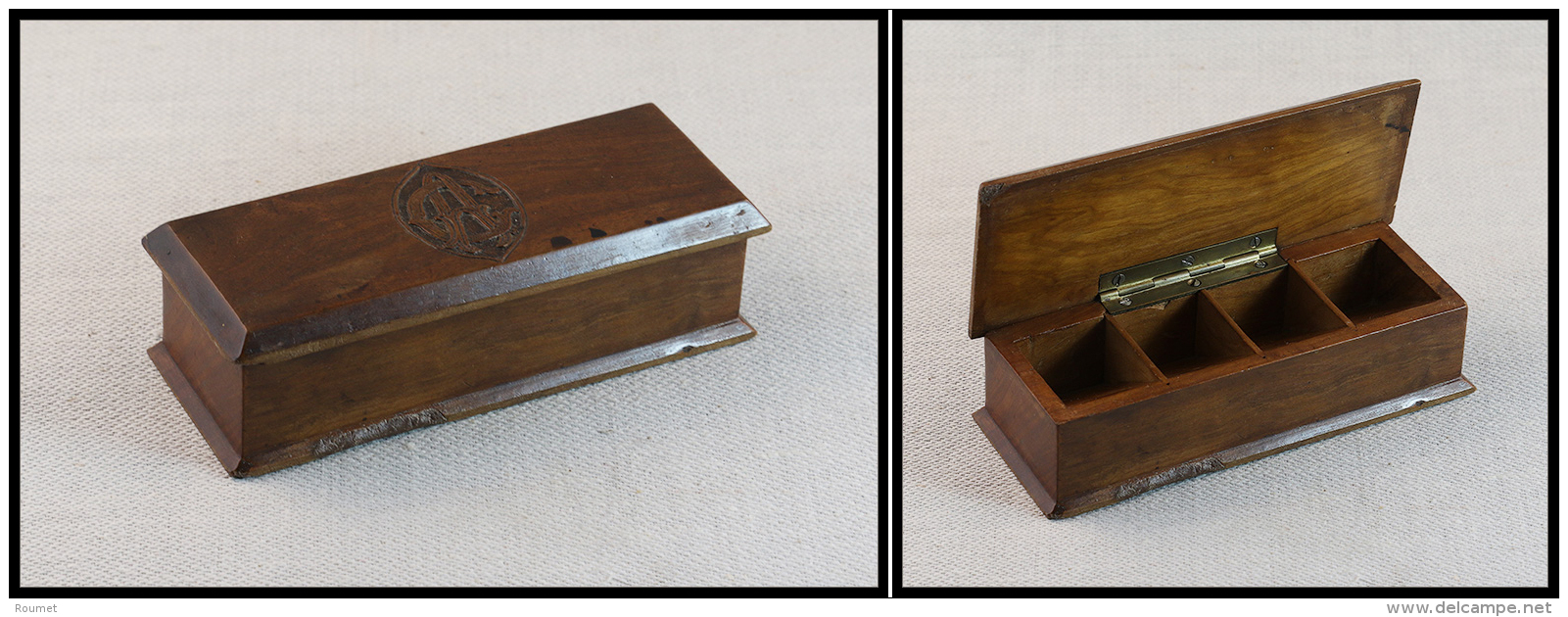 Boîte En Noyer Avec Monogramme Sur Le Dessus, 4 Comp., 118x47x35mm. - TB - Stamp Boxes