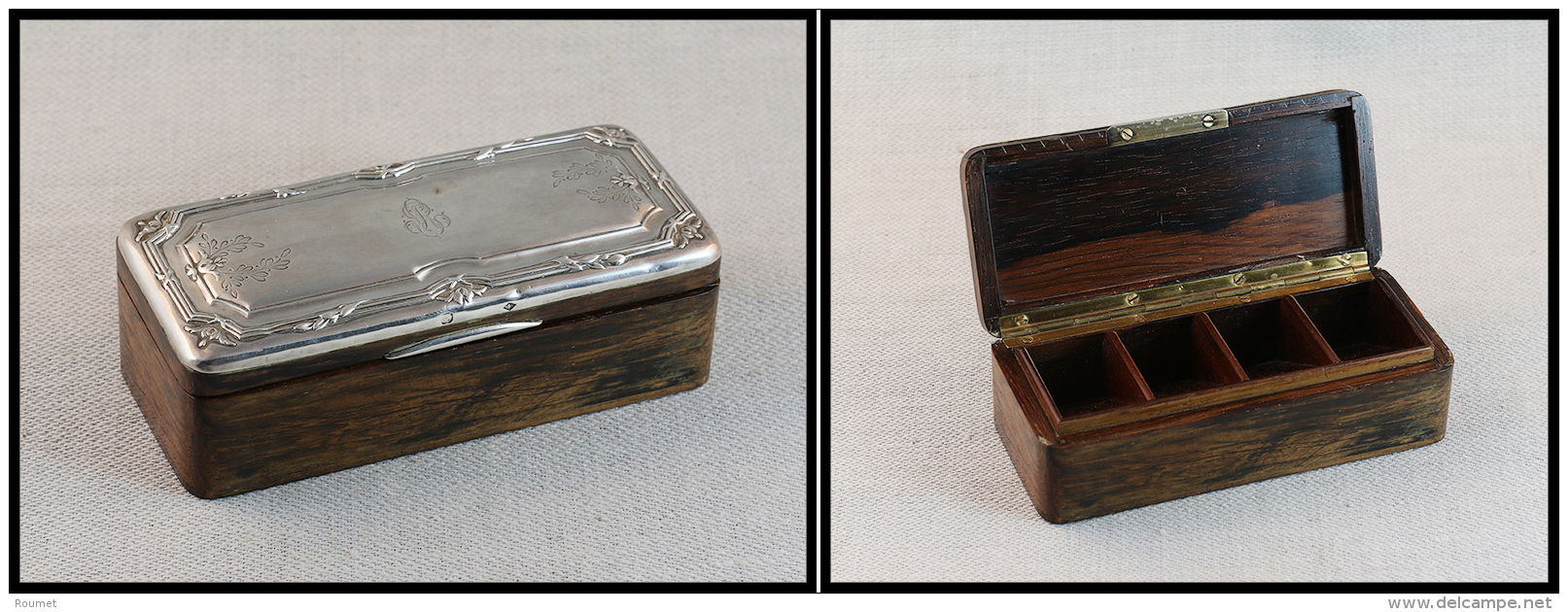 Boîte ébène, Couvercle Argent, Monogramme, Poinçons De Contrôle, 4 Comp, 115x50x35mm. - - Stamp Boxes